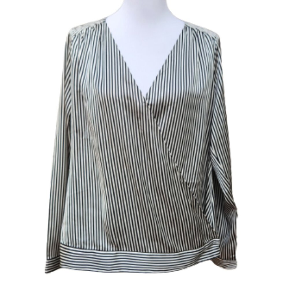 Guess Black Stripe Wrap Blouse Satin V-Neck Long Sleeves Banded Hem